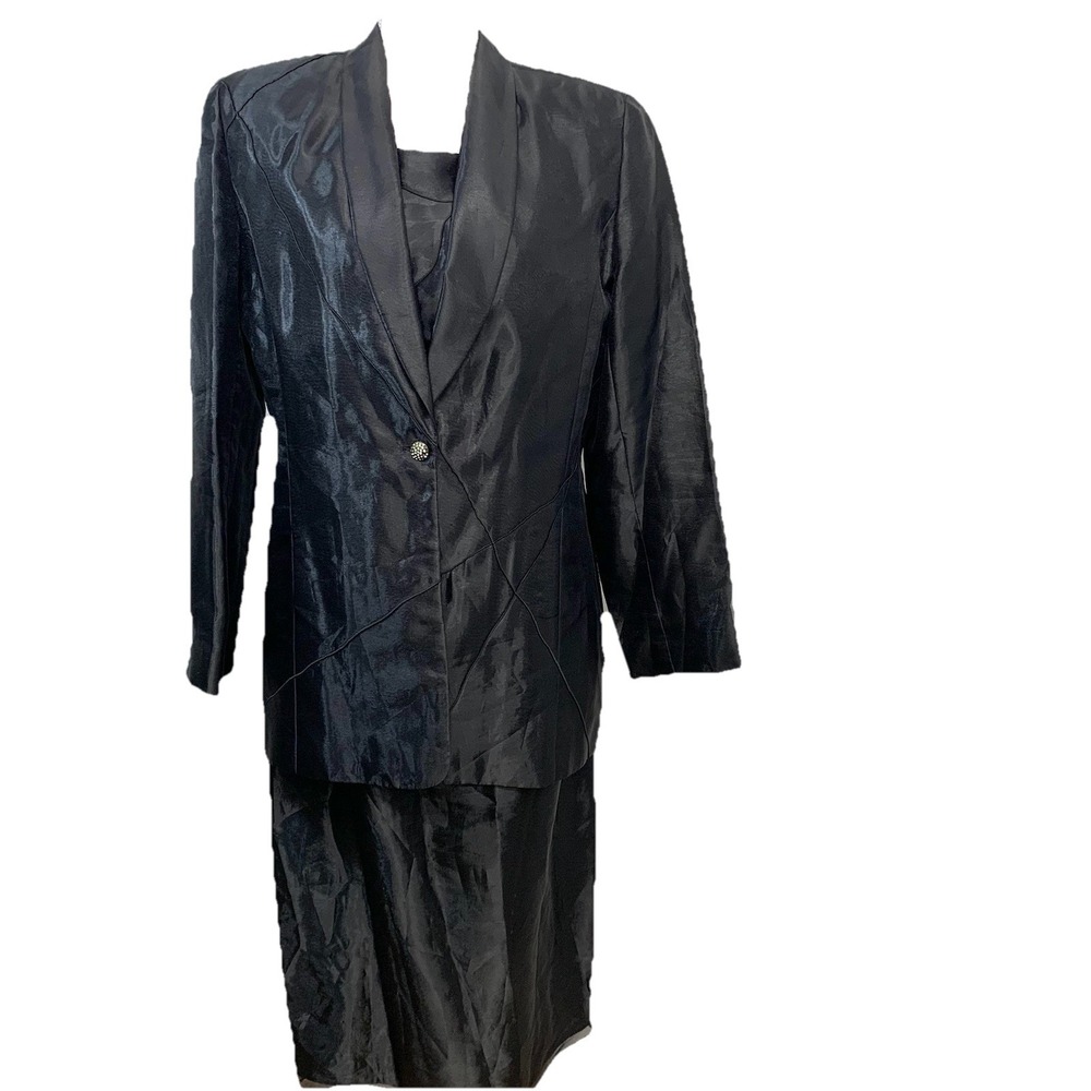 Alfred Sung Black Shimmer Cocktail Midi Dress Set Blazer Jacket‎ Sz 12 Formal